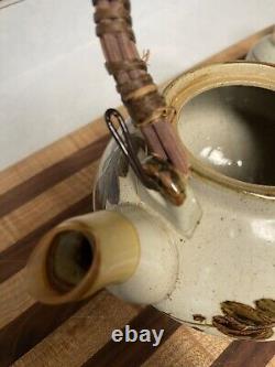Vintage Otagiri Japan Handcrafted Gray Stoneware Teapot With Rattan Handle Set