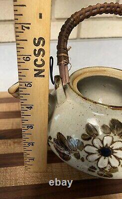 Vintage Otagiri Japan Handcrafted Gray Stoneware Teapot With Rattan Handle Set