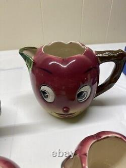 Vintage Porcelain Anthropomorphic Apple Tea Pot Creamer Sugar Bowl Set Japan Set