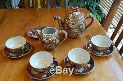 Vintage Porcelain Dragon Ware Moriage Satsuma Tea Set/ Teapot Lithopane Geisha