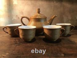 Vintage Porcelain Tea Pot Set With Lid Qing Dynasty Woven Cups Bamboo Weave Rare