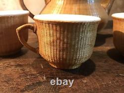 Vintage Porcelain Tea Pot Set With Lid Qing Dynasty Woven Cups Bamboo Weave Rare