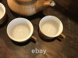 Vintage Porcelain Tea Pot Set With Lid Qing Dynasty Woven Cups Bamboo Weave Rare