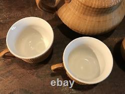Vintage Porcelain Tea Pot Set With Lid Qing Dynasty Woven Cups Bamboo Weave Rare