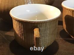 Vintage Porcelain Tea Pot Set With Lid Qing Dynasty Woven Cups Bamboo Weave Rare
