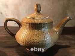 Vintage Porcelain Tea Pot Set With Lid Qing Dynasty Woven Cups Bamboo Weave Rare