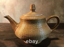 Vintage Porcelain Tea Pot Set With Lid Qing Dynasty Woven Cups Bamboo Weave Rare
