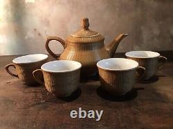 Vintage Porcelain Tea Pot Set With Lid Qing Dynasty Woven Cups Bamboo Weave Rare
