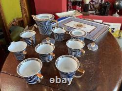 Vintage Porcelain Tea Set of 6 with Tray Teapot Creamer Sugar Bowl in Royal Blue