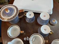 Vintage Porcelain Tea Set of 6 with Tray Teapot Creamer Sugar Bowl in Royal Blue