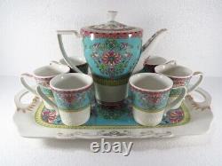 Vintage Porcelain Tea Set of 6 with Tray and Teapot White and Blue Flowers