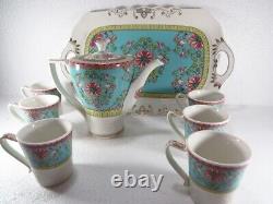 Vintage Porcelain Tea Set of 6 with Tray and Teapot White and Blue Flowers