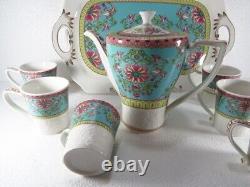 Vintage Porcelain Tea Set of 6 with Tray and Teapot White and Blue Flowers