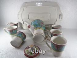 Vintage Porcelain Tea Set of 6 with Tray and Teapot White and Blue Flowers