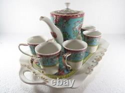 Vintage Porcelain Tea Set of 6 with Tray and Teapot White and Blue Flowers