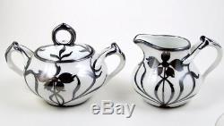 Vintage Porcelain Teapot Tea Set Floral Silver Overlay Split Handles Germany