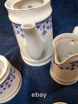 Vintage Portuguese Porcelain Teapot Coffee Pot Creamer & Sugar Blue & White Mint