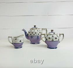 Vintage Purple Japan Luster Ware Teapot Set Creamer Sugar Porcelain Floral