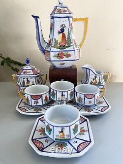 Vintage Quimper Mistral Blue Breton Tea Pot, Creamer & Sugar, Cup Saucer Set