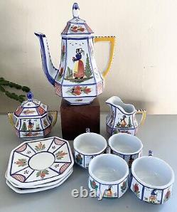 Vintage Quimper Mistral Blue Breton Tea Pot, Creamer & Sugar, Cup Saucer Set