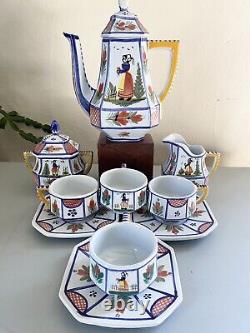 Vintage Quimper Mistral Blue Breton Tea Pot, Creamer & Sugar, Cup Saucer Set