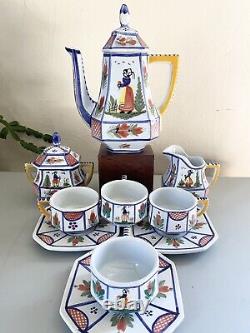 Vintage Quimper Mistral Blue Breton Tea Pot, Creamer & Sugar, Cup Saucer Set