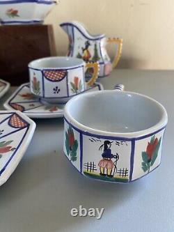 Vintage Quimper Mistral Blue Breton Tea Pot, Creamer & Sugar, Cup Saucer Set