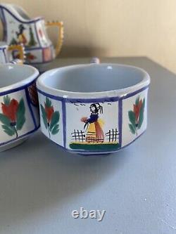 Vintage Quimper Mistral Blue Breton Tea Pot, Creamer & Sugar, Cup Saucer Set