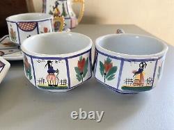 Vintage Quimper Mistral Blue Breton Tea Pot, Creamer & Sugar, Cup Saucer Set