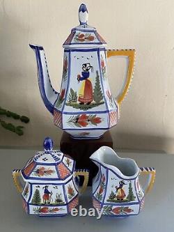 Vintage Quimper Mistral Blue Breton Tea Pot, Creamer & Sugar, Cup Saucer Set