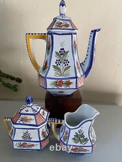 Vintage Quimper Mistral Blue Breton Tea Pot, Creamer & Sugar, Cup Saucer Set