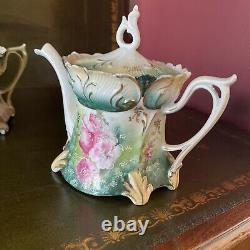 Vintage RS Prussia 4 Piece Set, Creamer, Sugar, Bisque Jar And Tea Pot Mint