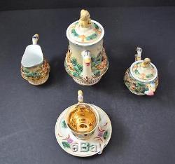 Vintage R Capodimonte Cherub Tea Set Saucers Teapot Creamer Gold Gilt With Case W1