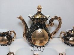 Vintage Renaissance Hand Painted Black Teapot w Embossed Gold Fairy Design