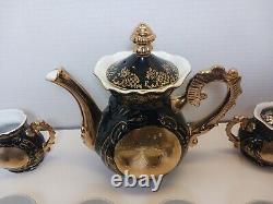 Vintage Renaissance Hand Painted Black Teapot w Embossed Gold Fairy Design