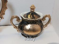 Vintage Renaissance Hand Painted Black Teapot w Embossed Gold Fairy Design