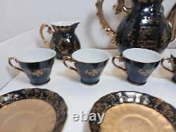 Vintage Renaissance Hand Painted Black Teapot w Embossed Gold Fairy Design