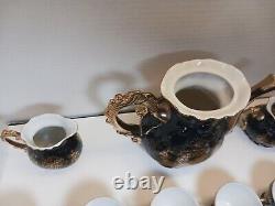 Vintage Renaissance Hand Painted Black Teapot w Embossed Gold Fairy Design