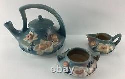 Vintage Roseville Magnolia Blue Teapot Creamer Sugar Bowl Set