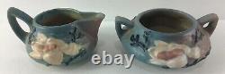 Vintage Roseville Magnolia Blue Teapot Creamer Sugar Bowl Set