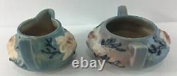 Vintage Roseville Magnolia Blue Teapot Creamer Sugar Bowl Set