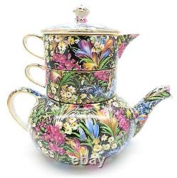 Vintage Royal Winton Grimwades China Black Crocus Stacking Teapot Set, Cup Cream