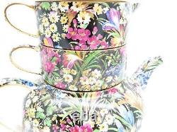 Vintage Royal Winton Grimwades China Black Crocus Stacking Teapot Set, Cup Cream