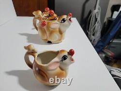 Vintage! Rudolph Red-nosed Reindeer Tea Set Tea Pot, Creamer, Sugar Bowl