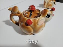 Vintage! Rudolph Red-nosed Reindeer Tea Set Tea Pot, Creamer, Sugar Bowl