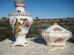 Vintage Russian Gzhel Samovar & Sugar Bowl Set Pink Gold Hand Painted Rare