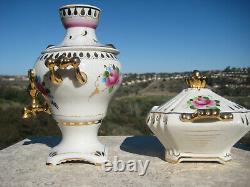 Vintage Russian Gzhel Samovar & Sugar Bowl Set Pink Gold Hand Painted Rare