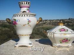 Vintage Russian Gzhel Samovar & Sugar Bowl Set Pink Gold Hand Painted Rare