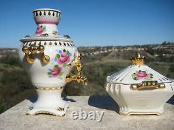 Vintage Russian Gzhel Samovar & Sugar Bowl Set Pink Gold Hand Painted Rare