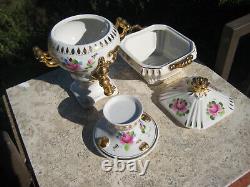 Vintage Russian Gzhel Samovar & Sugar Bowl Set Pink Gold Hand Painted Rare